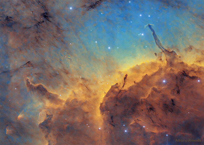 鹈鹕星云中的恒星、尘埃、柱状体和喷流
